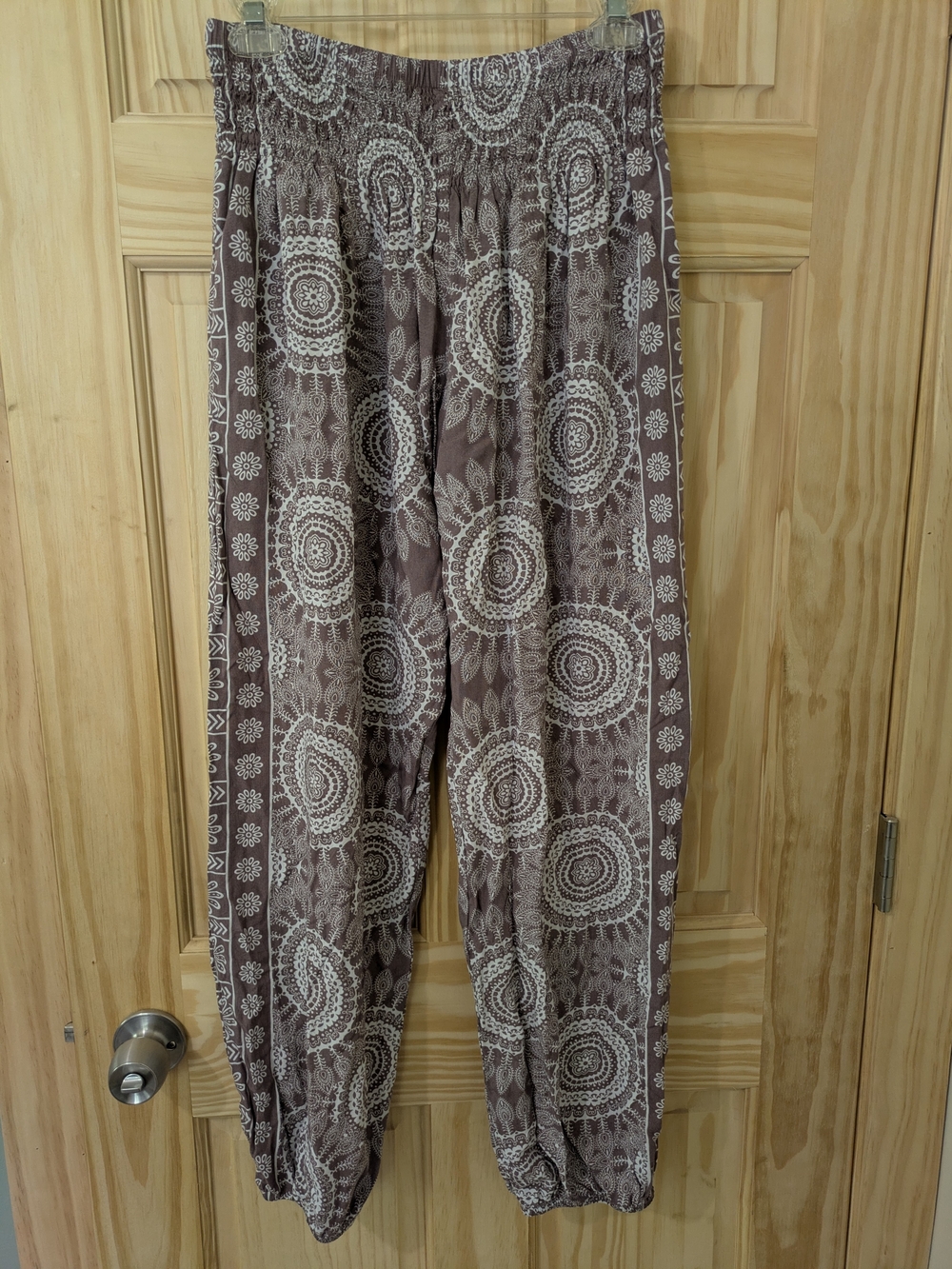 Lotus & Luna Harem Pants Nosara Print Tan White Boho Size Medium